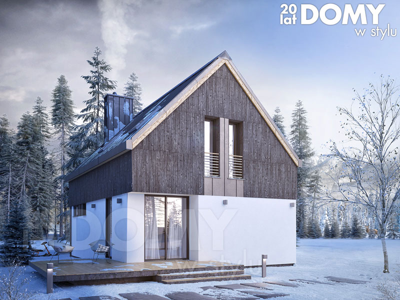 Groszek - nieduży dom z użytkowym poddaszem w zimowej scenerii